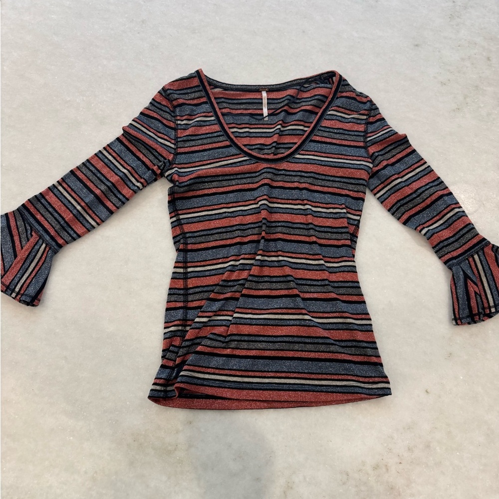Free People Bell Sleeve Fitted Blouse Brown and Blue